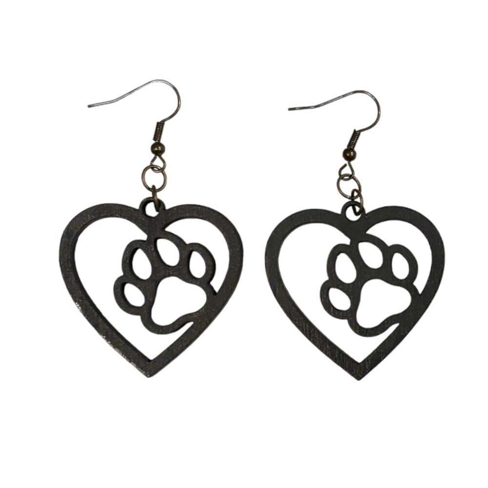 Wood Earrings - 1.5" x 1.5" - Paw in Heart - Black - E089-44